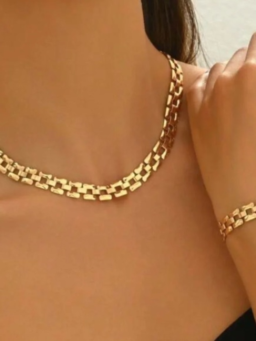 Gold Box-Link Necklace with Matching Bracelet - Women's Jewelry